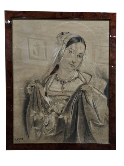 Framed CHINESE INK depicting a cloister,...