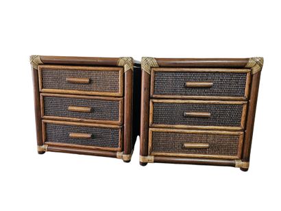 Two rattan and bamboo bedside cabinets opening...