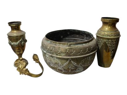 Brass set including
Two vases, a pot cover...