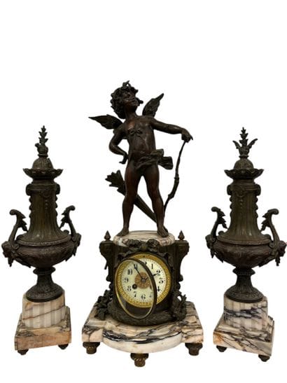 Mantelpiece in brown patina regula and grey-veined...
