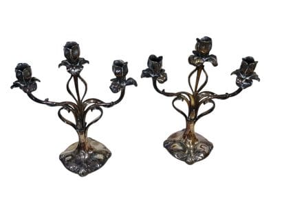 Pair of three-light metal candelabra in the...