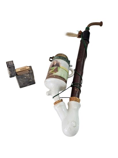 Wooden conscript pipe, white porcelain stove...