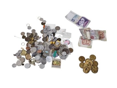 Set of demonetized banknotes and coins