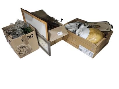 Three boxes of trinkets, crockery, glassware...