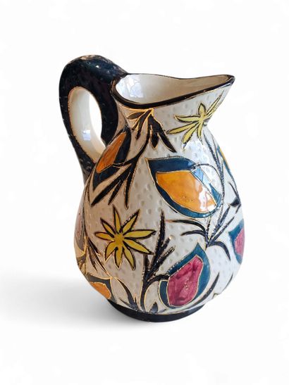 VALLAURIS 
Polychrome enameled ceramic pitcher...
