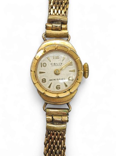 CELLY
Gilt metal wristwatch, round case,...