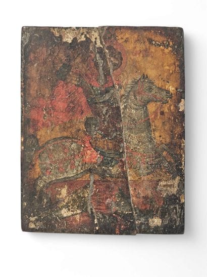 ICONE à la tempera sur bois ″Combat de saint...