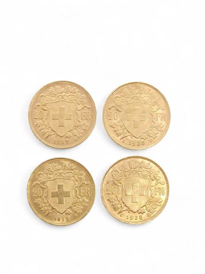 FOUR 20 franc Swiss gold coins 
Weight :...
