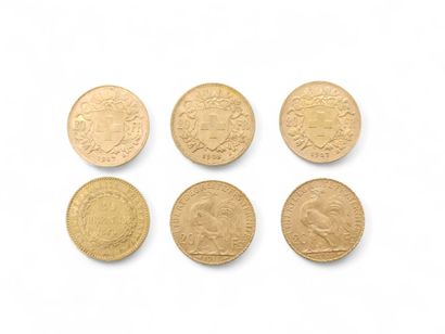 LOT of six gold coins including :
Three Swiss...