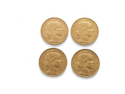 CURRENCY 
FOUR 20 franc gold rooster coins...