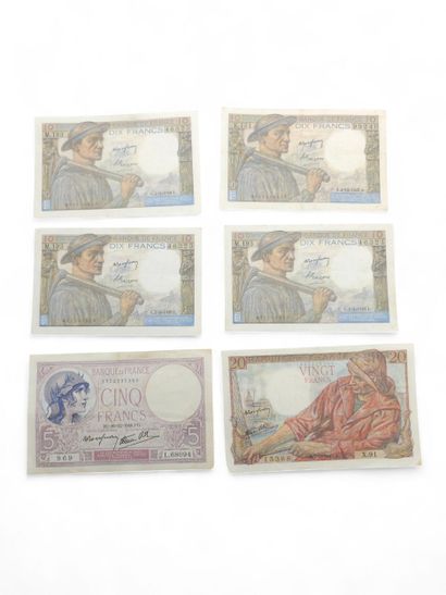 Set of six French banknotes including :
Three...
