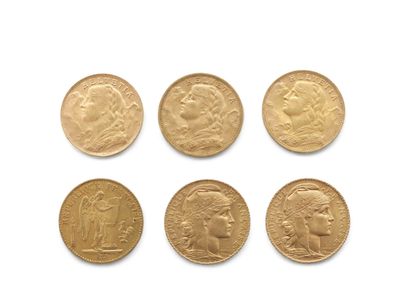 LOT of six gold coins including :
Three Swiss...