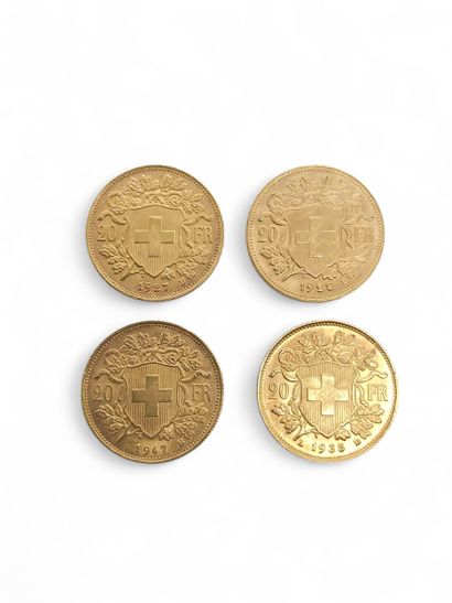 FOUR 20 franc Swiss gold coins 
Weight :...
