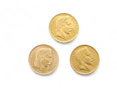 CURRENCY 
Three Napoleon III in gold 
1863/BB
1868/A
Weight...