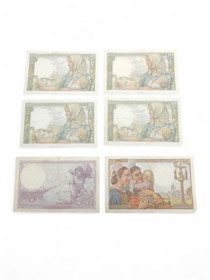 Set of six French banknotes including :
Three...