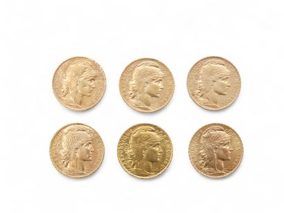 CURRENCY
SIX 20 franc gold coins with rooster
1900/1907/1908/1909
Weight...