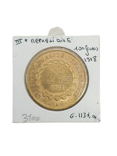 PIECE de 100 francs or 1908 frappe A 
Weight...