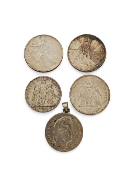 Set of silver coins including 
Five francs...