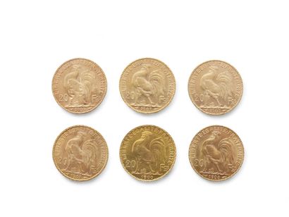 CURRENCY
SIX 20 franc gold coins with rooster
1900/1907/1908/1909
Weight...