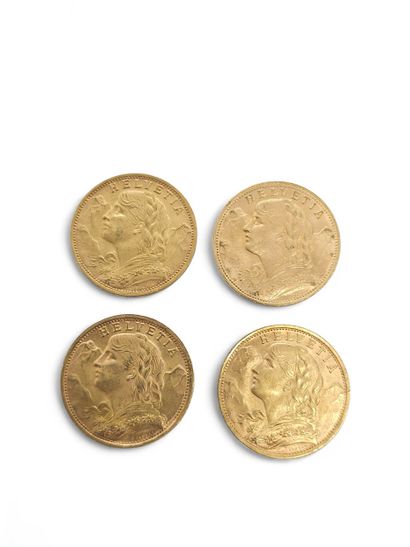 FOUR 20 franc Swiss gold coins 
Weight :...