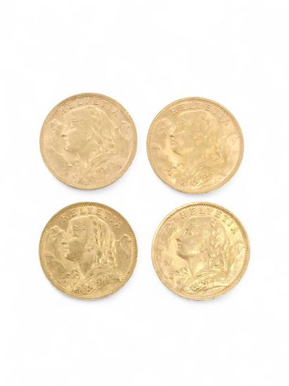 FOUR 20 franc Swiss gold coins 
Weight :...