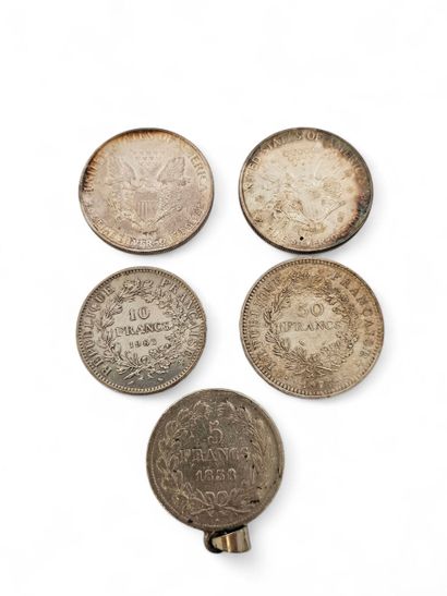 Set of silver coins including 
Five francs...