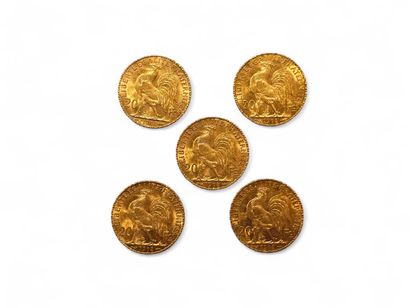 LOT of five 20 franc gold coins with rooster...