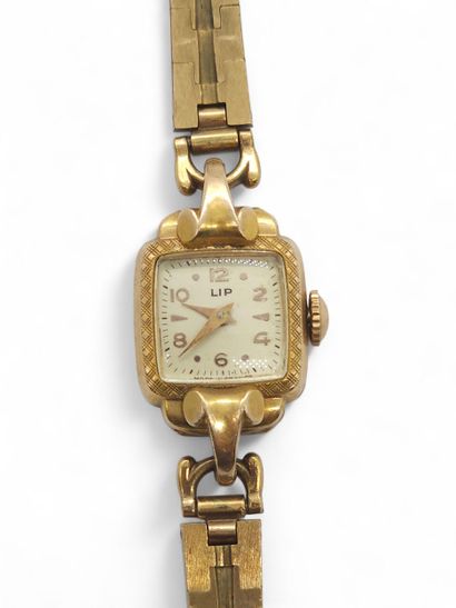 LIP
Gilt metal wristwatch, square case, cream...