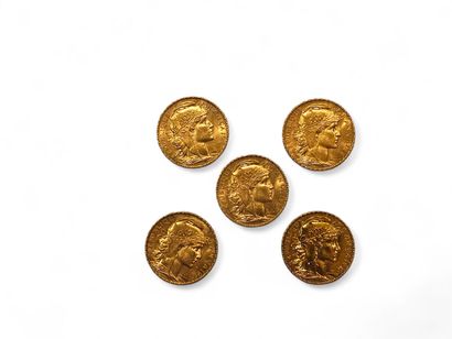 LOT of five 20 franc gold coins with rooster...