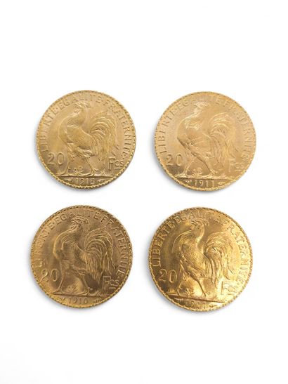 FOUR 20 franc gold coins with rooster
Year...