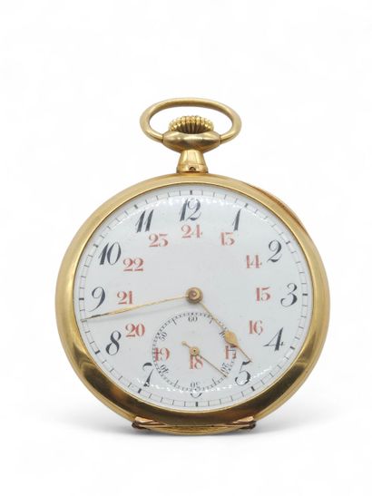 Pocket watch in 750° yellow gold, white enamelled...