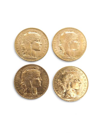 FOUR 20 franc gold coins with rooster
Year...
