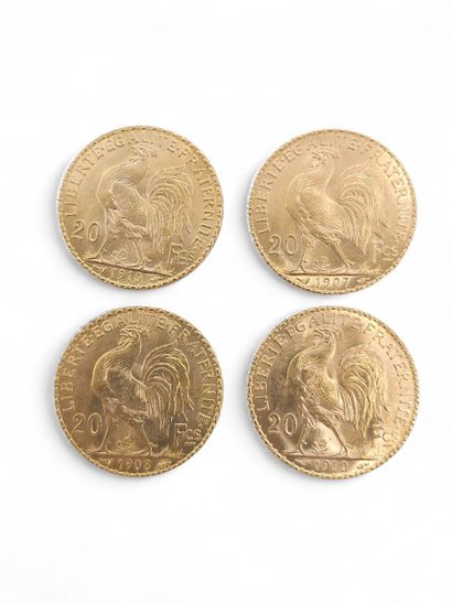 FOUR 20 franc gold coins with rooster
Year...