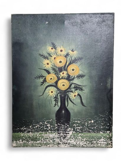 Vase de fleurs jaune 
Huile sur toile 
Manque...