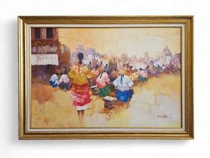 XXIst century WORK 
Set of six framed oil...