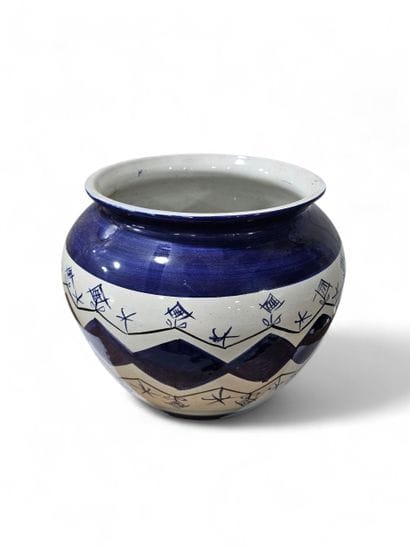 LARGE white and blue ceramic CACHE-POT with...
