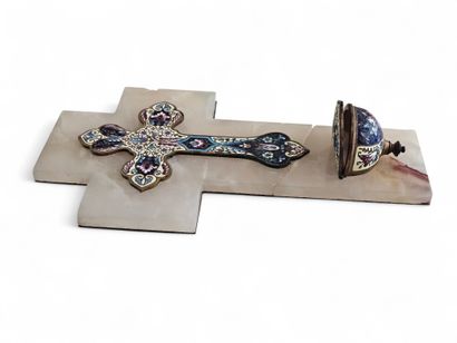 CRUCIFIX and stoup in bronze and onyx with...