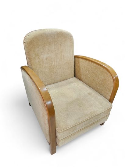 Wood and beige fabric armchair 
with multiple...