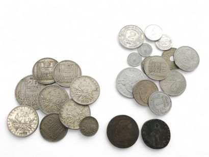 SET OF 7 SILVER PIECES including : 
One 20-franc...
