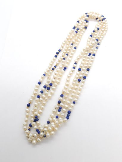 sautoir necklace of cultured pearls, lapis...