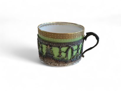 SILVER MUG and saucer, green porcelain interior...