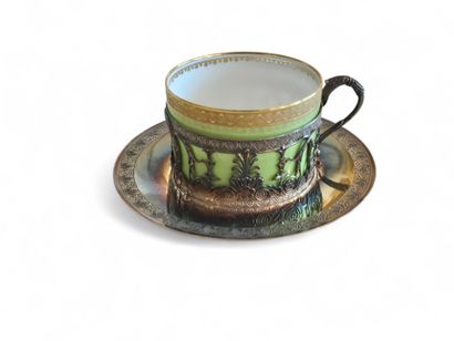 SILVER MUG and saucer, green porcelain interior...