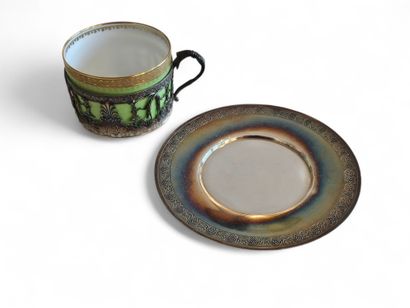 SILVER MUG and saucer, green porcelain interior...