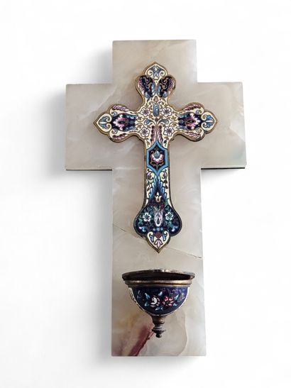 CRUCIFIX and stoup in bronze and onyx with...