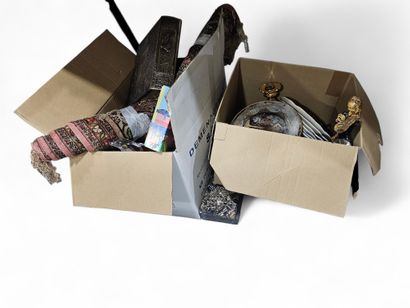 Two boxes of curios, crockery, boxes, statues...