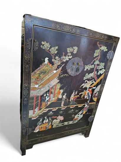 Asian work 
Black wood and hard stone inlaid...