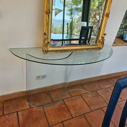 CONSOLE D'APPOINT demie lune en verre 
Pietement...