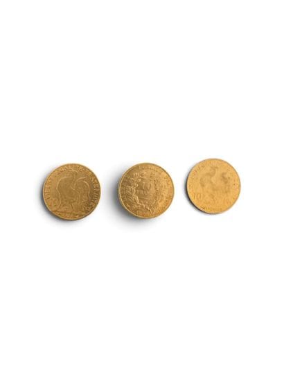 THREE 10-franc gold coins featuring a rooster...