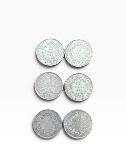 ENSEMBLE DE SIX PIECES de 10 francs Hercule...