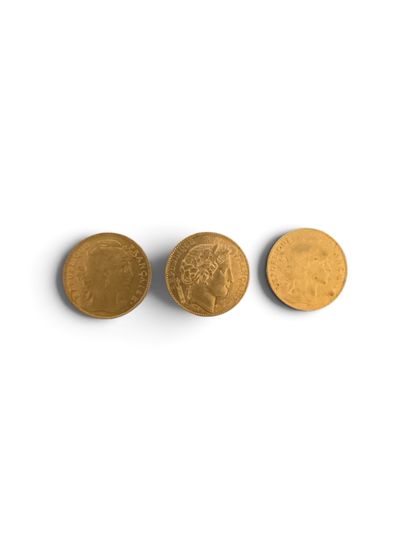 THREE 10-franc gold coins featuring a rooster...